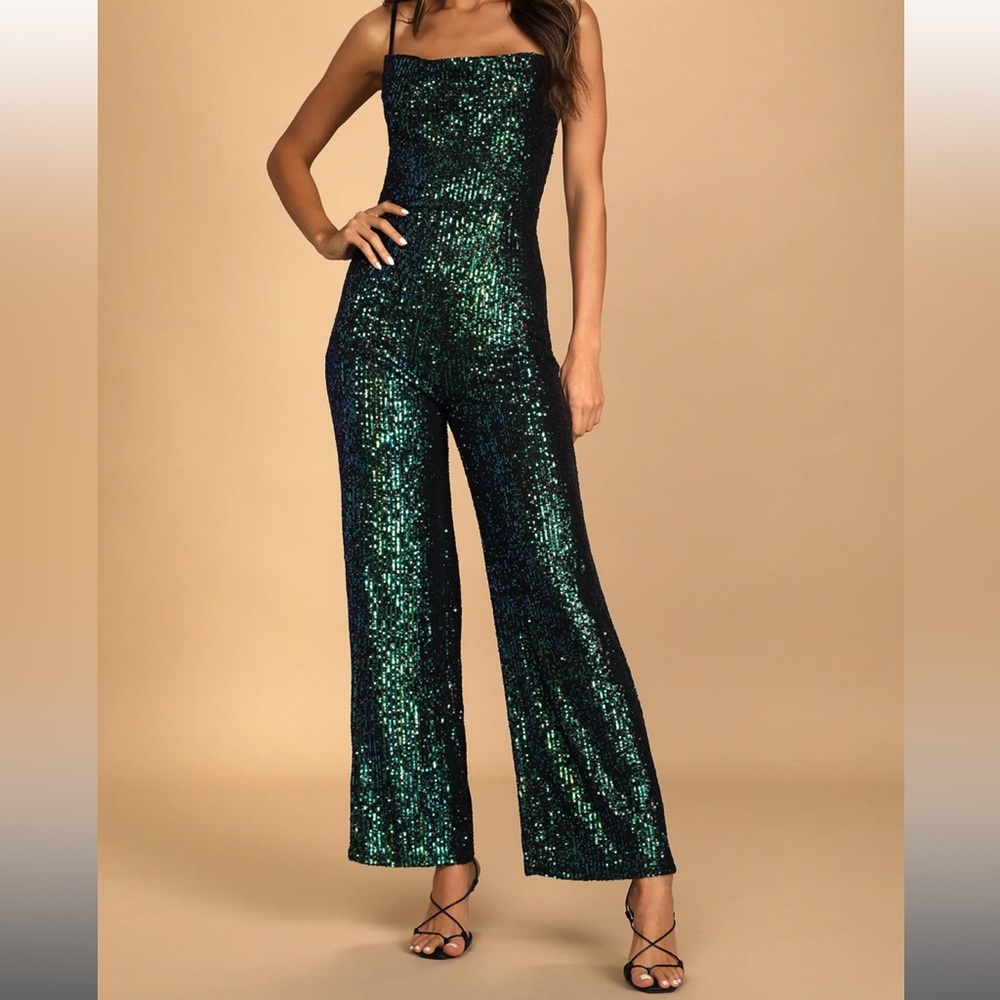 Lulus Green Iridescent Sequin Jumpsuit sz XL